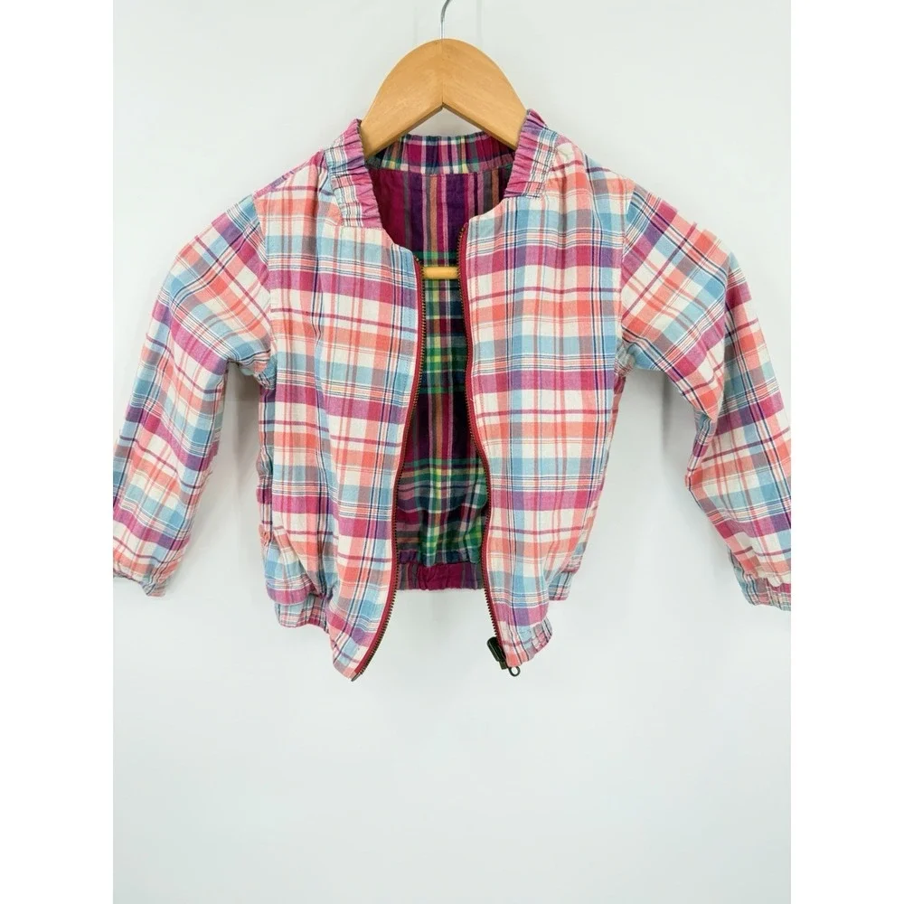Tea Kids Pink Plaid Reversible Sz S 5/6 Zip Up Jacket Colorful Preppy Coastal